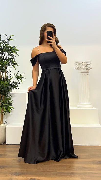Black Rope Strap Satin Plus Size Evening Dress