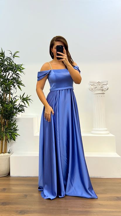 Indigo Rope Strap Satin Plus Size Evening Dress