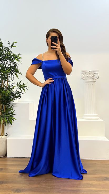 Sax Thread Strap Satin Plus Size Evening Dress