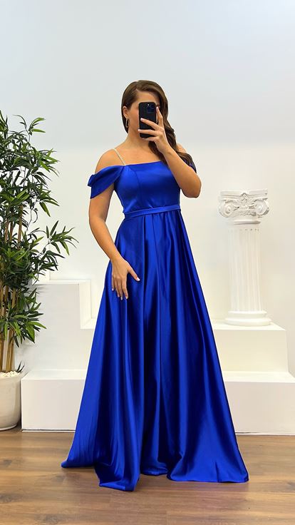 Sax Thread Strap Satin Plus Size Evening Dress