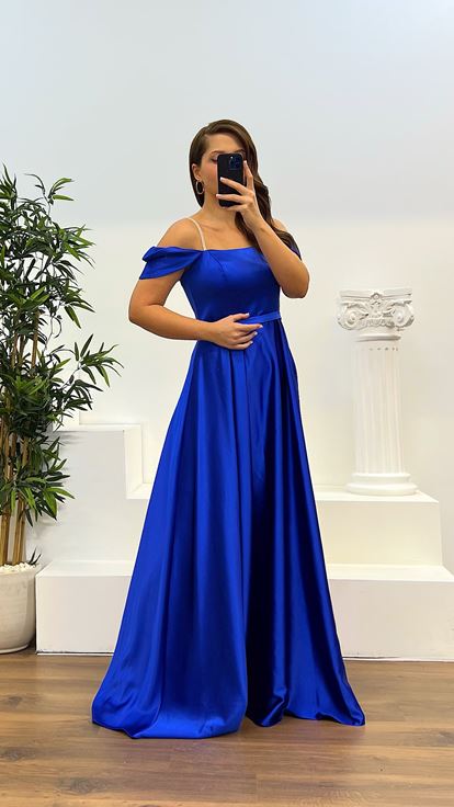 Sax Thread Strap Satin Plus Size Evening Dress