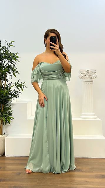 Mintgrünes, drapiertes Chiffon-Big-Benden-Abendkleid auf der Brust