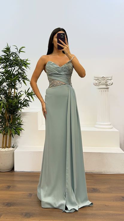 Mint Thread Strap Embroidered Detail Evening Dress