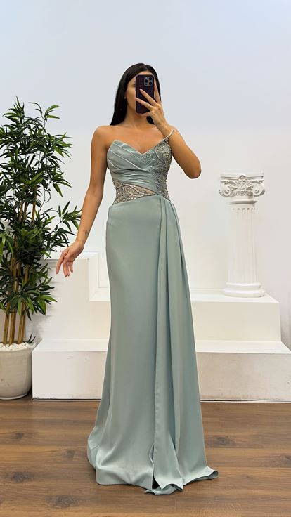 Mint Thread Strap Embroidered Detail Evening Dress