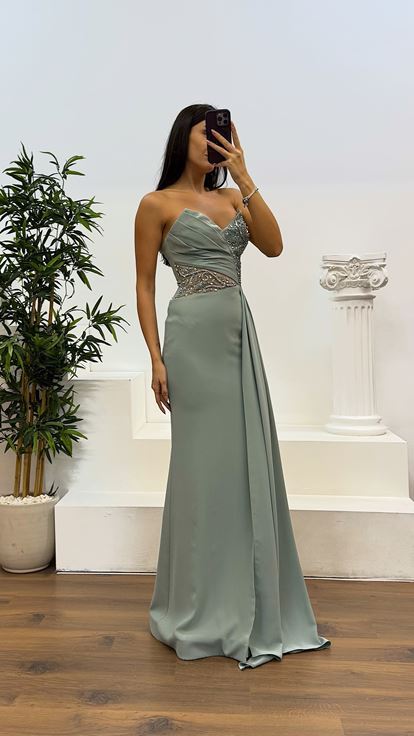 Mint Thread Strap Embroidered Detail Evening Dress