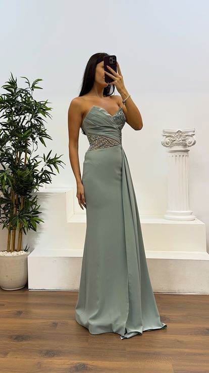 Mint Thread Strap Embroidered Detail Evening Dress