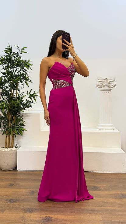 Fuşya İp Askılı İşleme Detay Abiye Elbise