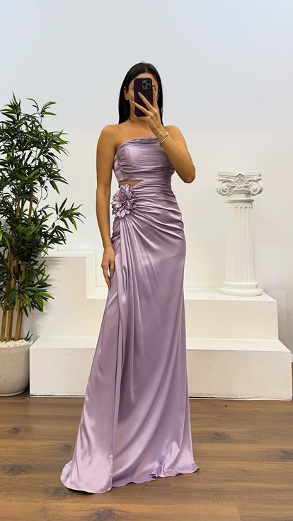 Lila Straplez Saten Abiye Elbise