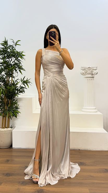 Tassel Lilac One Shoulder Drape Detail Chiffon Evening Dress