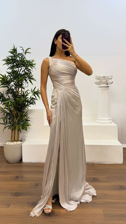 Tassel Lilac One Shoulder Drape Detail Chiffon Evening Dress