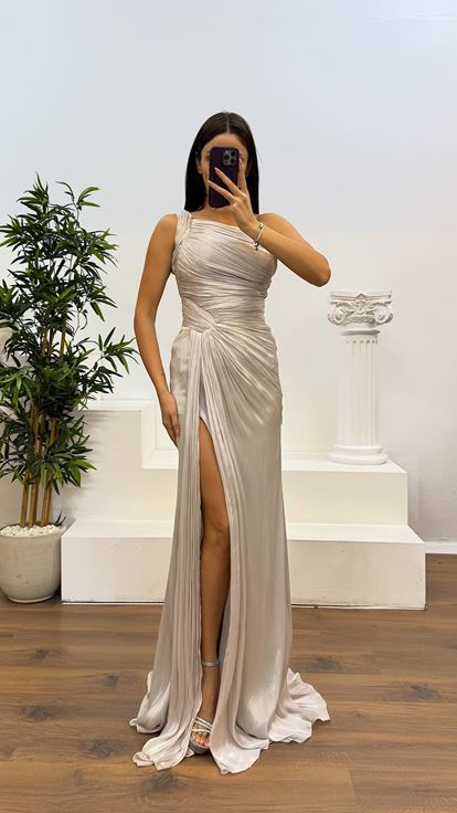 Tassel Lilac One Shoulder Drape Detail Chiffon Evening Dress