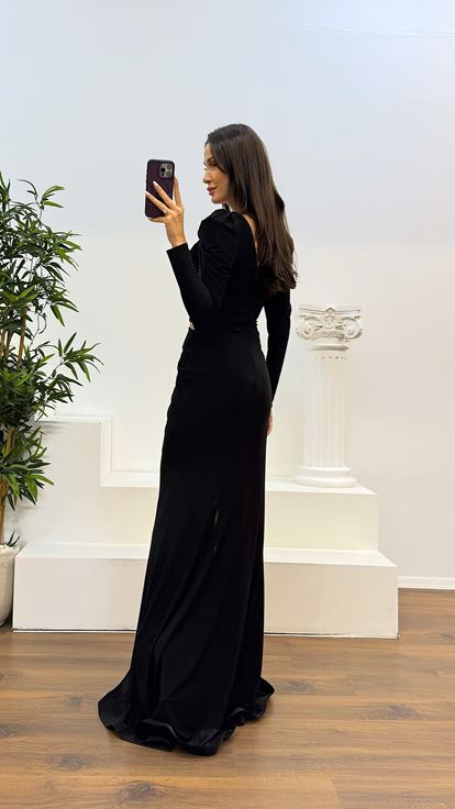 Sıyah V Yaka Bel Detay Abiye Elbise