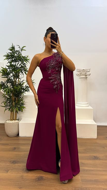 Mürdüm Tek Kol Abiye Elbise