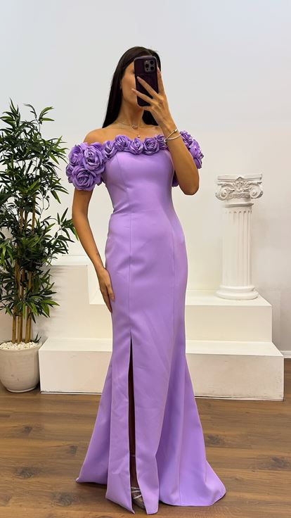 Lila İp Askılı Yaka Gül Detay Abiye Elbise