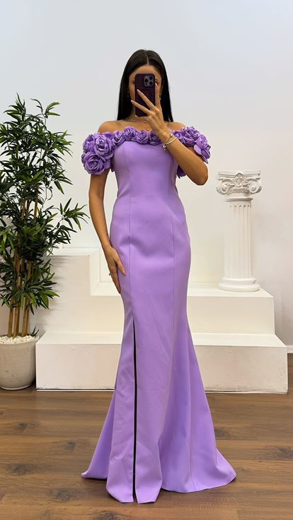 Lila İp Askılı Yaka Gül Detay Abiye Elbise