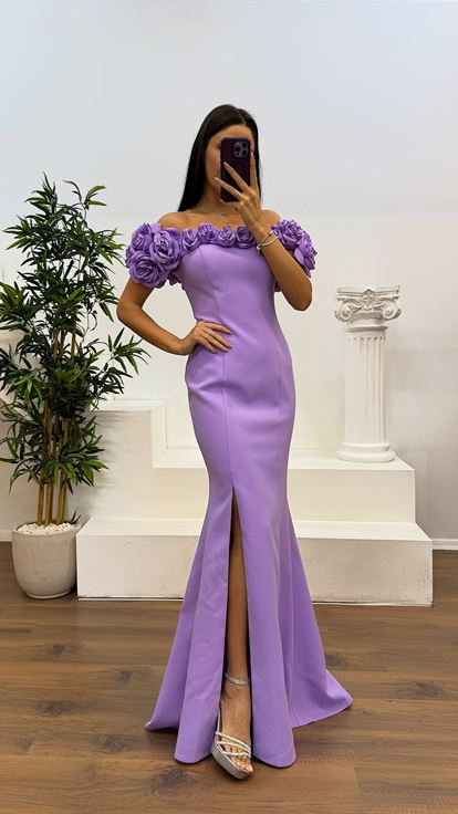 Lila İp Askılı Yaka Gül Detay Abiye Elbise