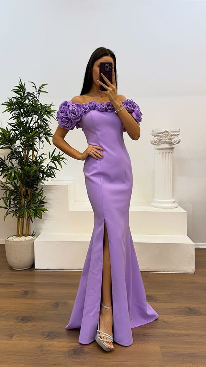 Lila İp Askılı Yaka Gül Detay Abiye Elbise