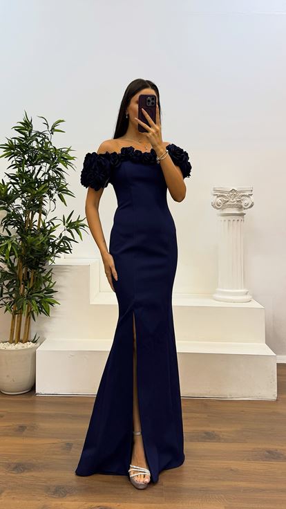 Navy Blue Rope Strap Collar Rose Detail Evening Dress