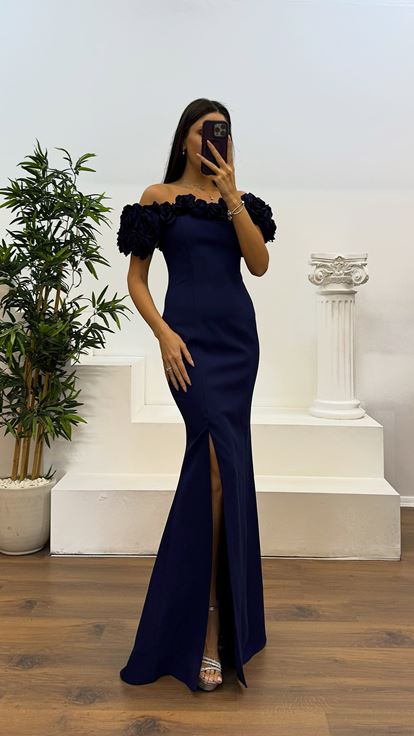 Navy Blue Rope Strap Collar Rose Detail Evening Dress