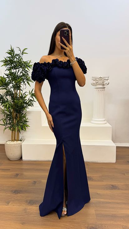 Navy Blue Rope Strap Collar Rose Detail Evening Dress