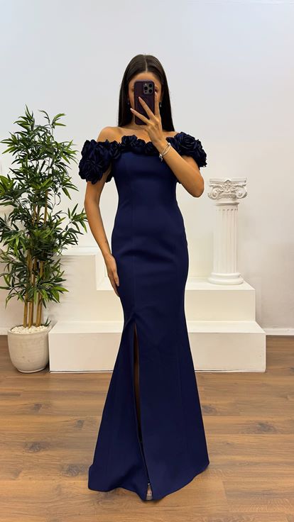 Navy Blue Rope Strap Collar Rose Detail Evening Dress