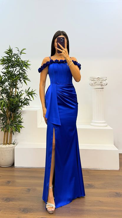 Sax Rope Strap Collar Rose Detail Satin Evening Dress