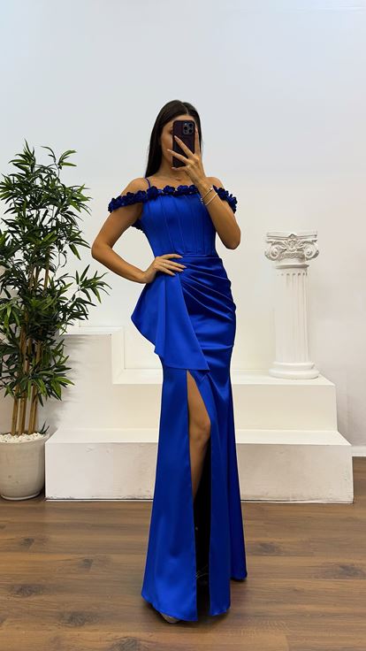 Sax Rope Strap Collar Rose Detail Satin Evening Dress