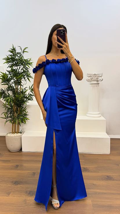Sax Rope Strap Collar Rose Detail Satin Evening Dress