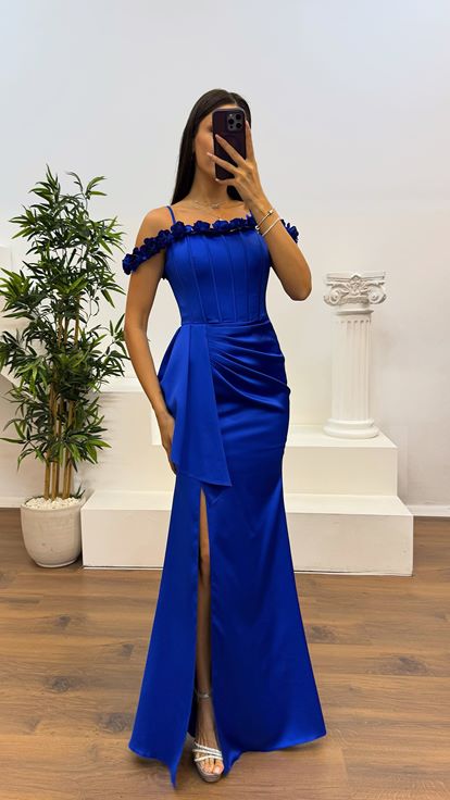 Sax Rope Strap Collar Rose Detail Satin Evening Dress