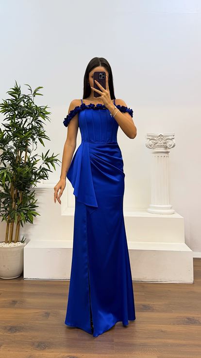 Sax Rope Strap Collar Rose Detail Satin Evening Dress