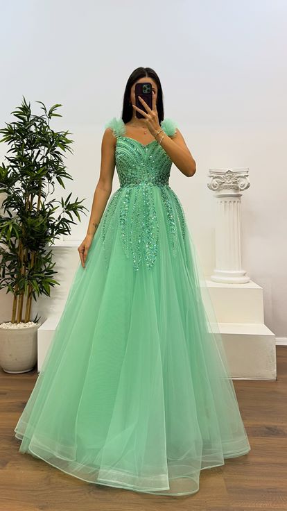 Mint Strap Embroidered Detail Tulle Evening Dress