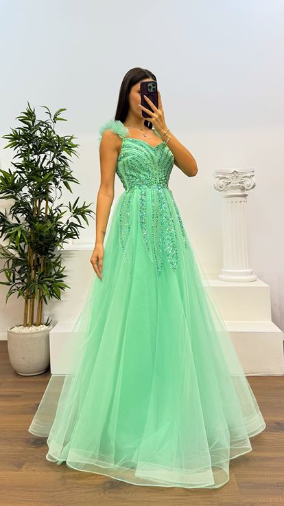Mint Strap Embroidered Detail Tulle Evening Dress