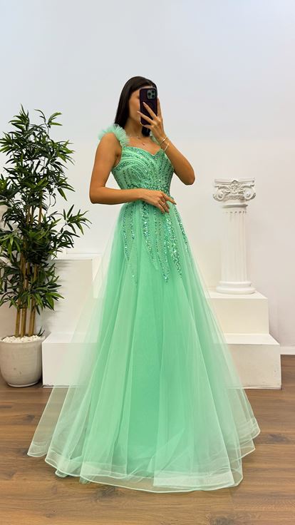 Mint Strap Embroidered Detail Tulle Evening Dress
