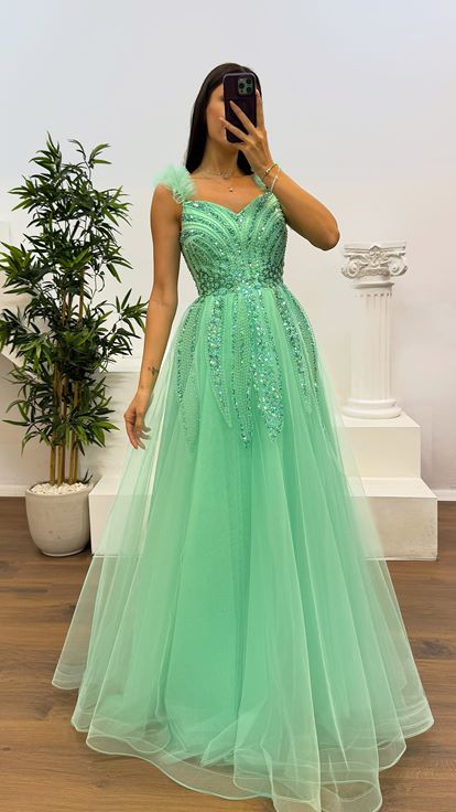 Mint Strap Embroidered Detail Tulle Evening Dress