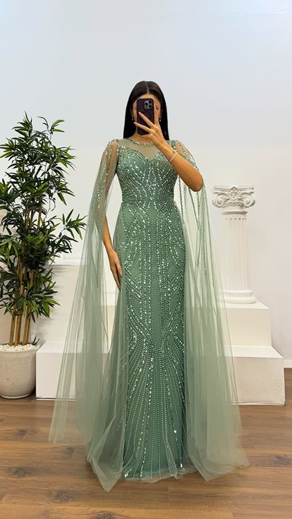 Mint Embroidered Tulle Evening Dress