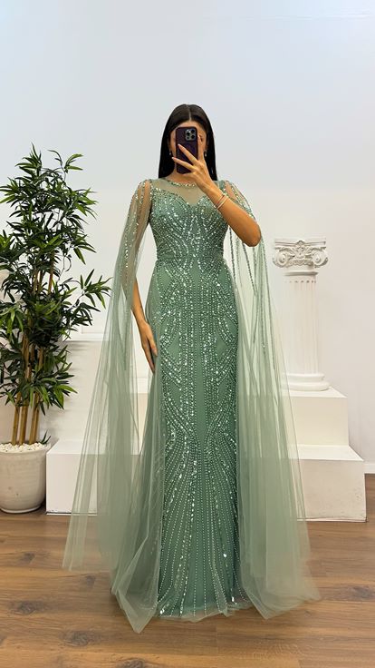 Mint Embroidered Tulle Evening Dress