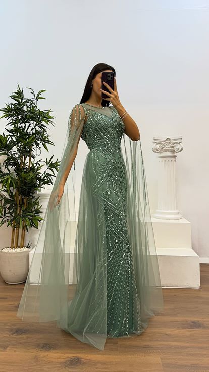Mint Embroidered Tulle Evening Dress