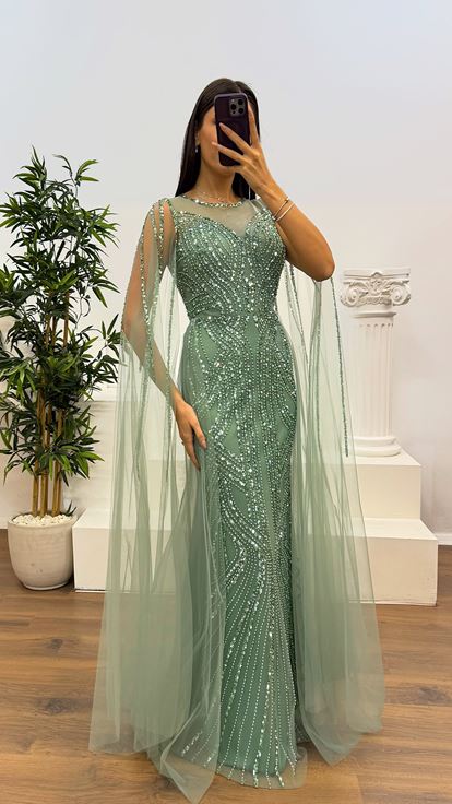 Mint Embroidered Tulle Evening Dress
