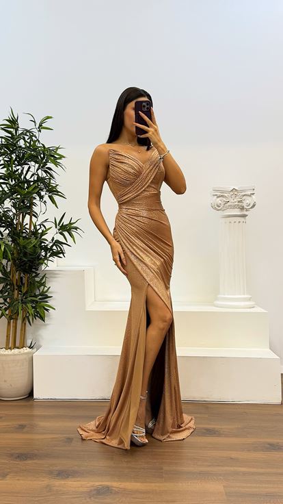 Gold Drapeli Simli Abiye Elbise