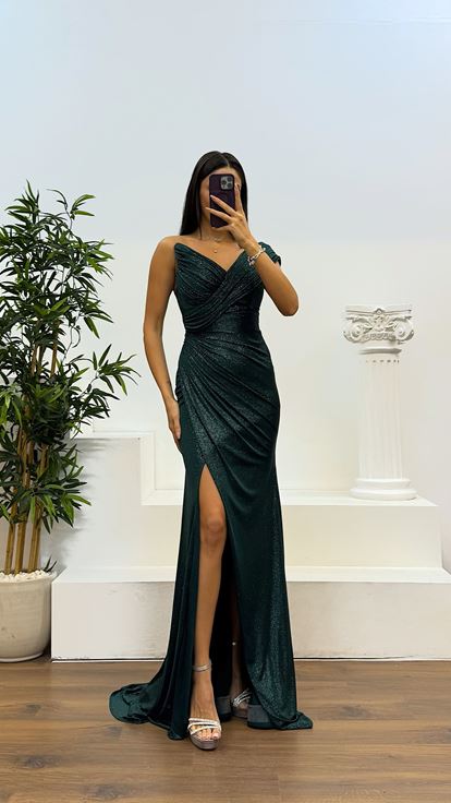 Zümrüt Drapeli Simli Abiye Elbise