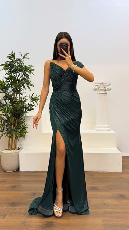 Zümrüt Drapeli Simli Abiye Elbise