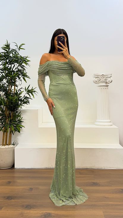 Firuze Göğüs Drape Detay File Abiye Elbise