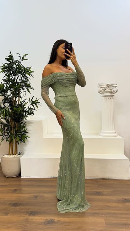 Firuze Göğüs Drape Detay File Abiye Elbise
