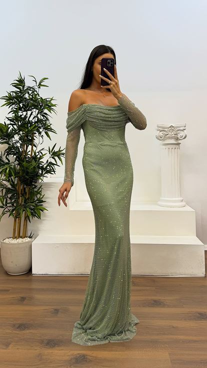 Firuze Göğüs Drape Detay File Abiye Elbise