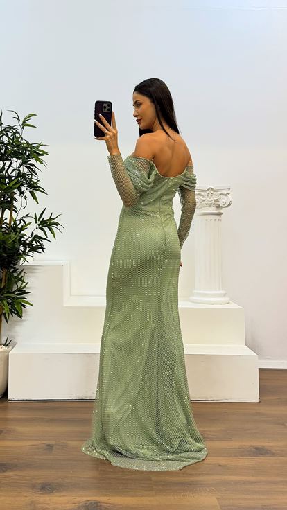 Firuze Göğüs Drape Detay File Abiye Elbise