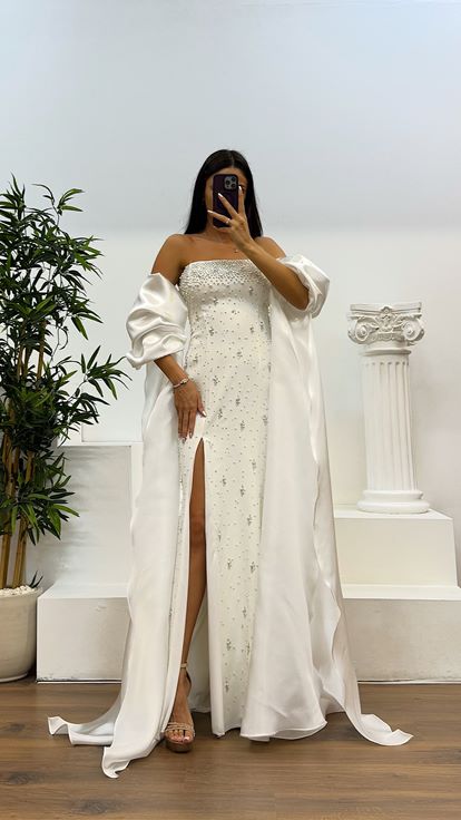 Kemik Balon Kol İnci Detay Abiye Elbise