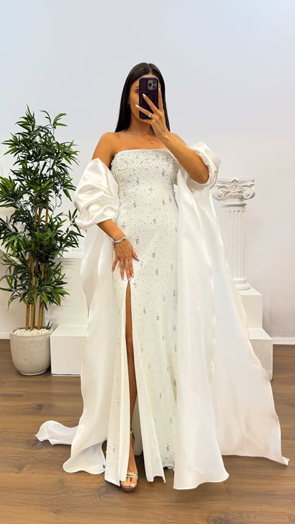 Kemik Balon Kol İnci Detay Abiye Elbise