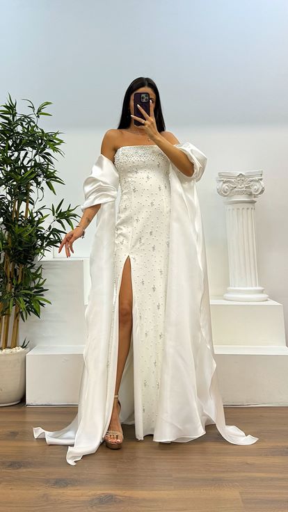 Kemik Balon Kol İnci Detay Abiye Elbise