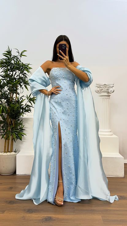 Bebe Mavi Balon Kol İnci Detay Abiye Elbise