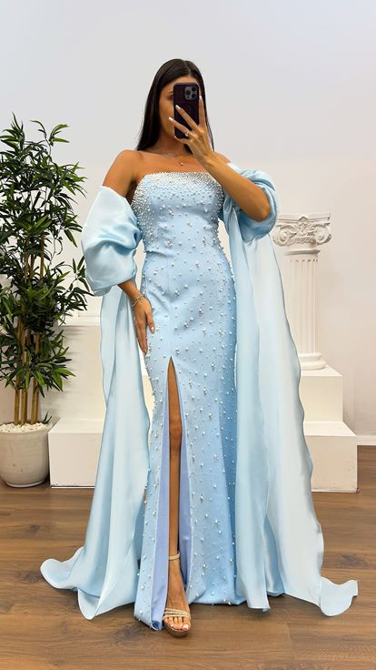 Bebe Mavi Balon Kol İnci Detay Abiye Elbise